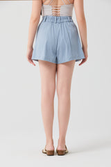 Misty Blue Seersucker High-Waist Shorts
