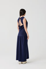 Navy Blue Draped Open-Back Maxi Dress