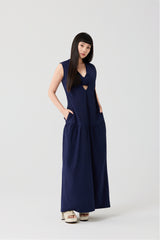 Navy Blue Draped Open-Back Maxi Dress