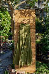 Olive Sleeveless long dress with rectangular V-neck