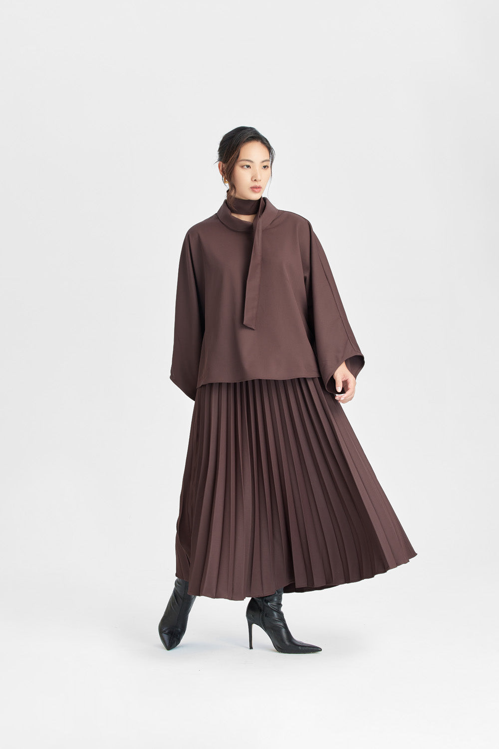 Rosewood colored Scarf top + Pleated skirt with Japanese Obi – EMORA