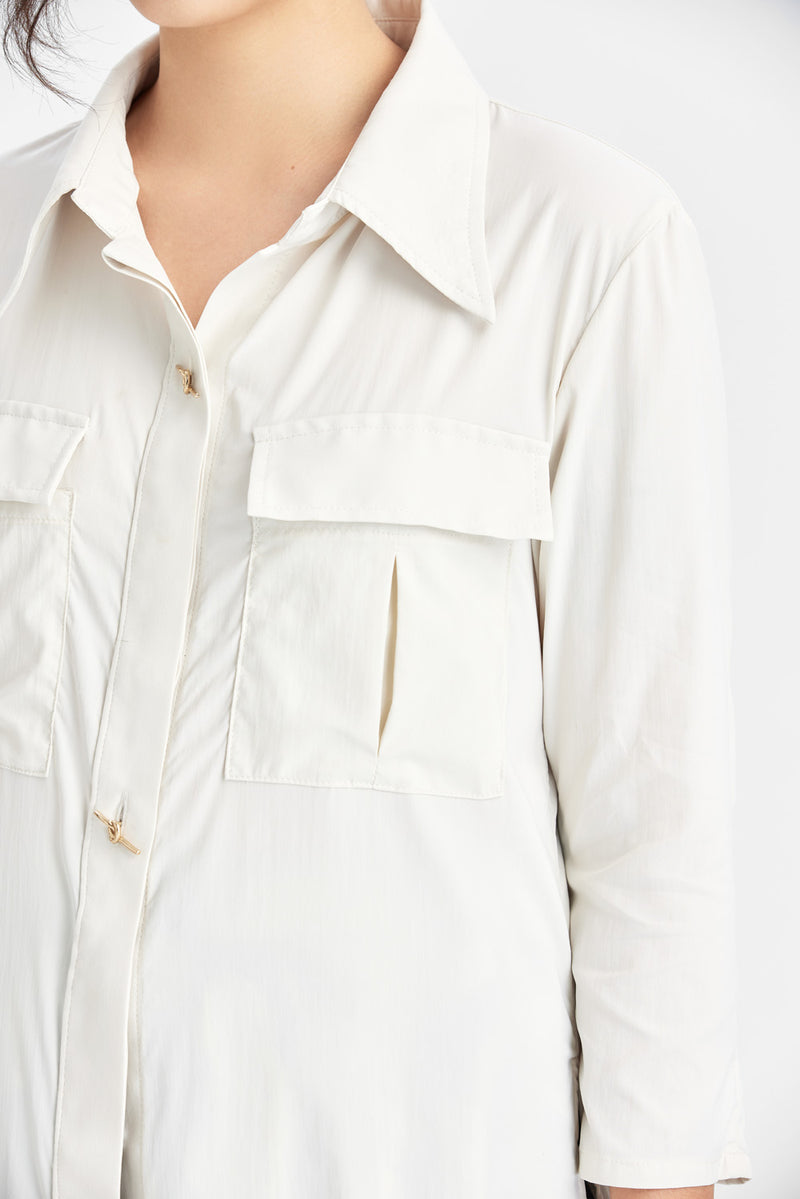Almond white longline shirt with pointed collar
