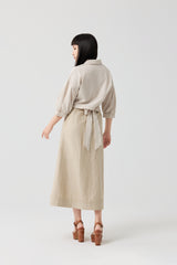 Beige Architectural Wrap Tie Blouse