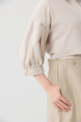 Beige Architectural Wrap Tie Blouse