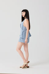 Misty Blue Seersucker High-Waist Shorts