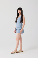 Misty Blue Seersucker High-Waist Shorts