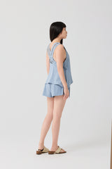 Misty Blue Seersucker High-Waist Shorts