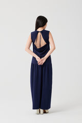 Navy Blue Draped Open-Back Maxi Dress