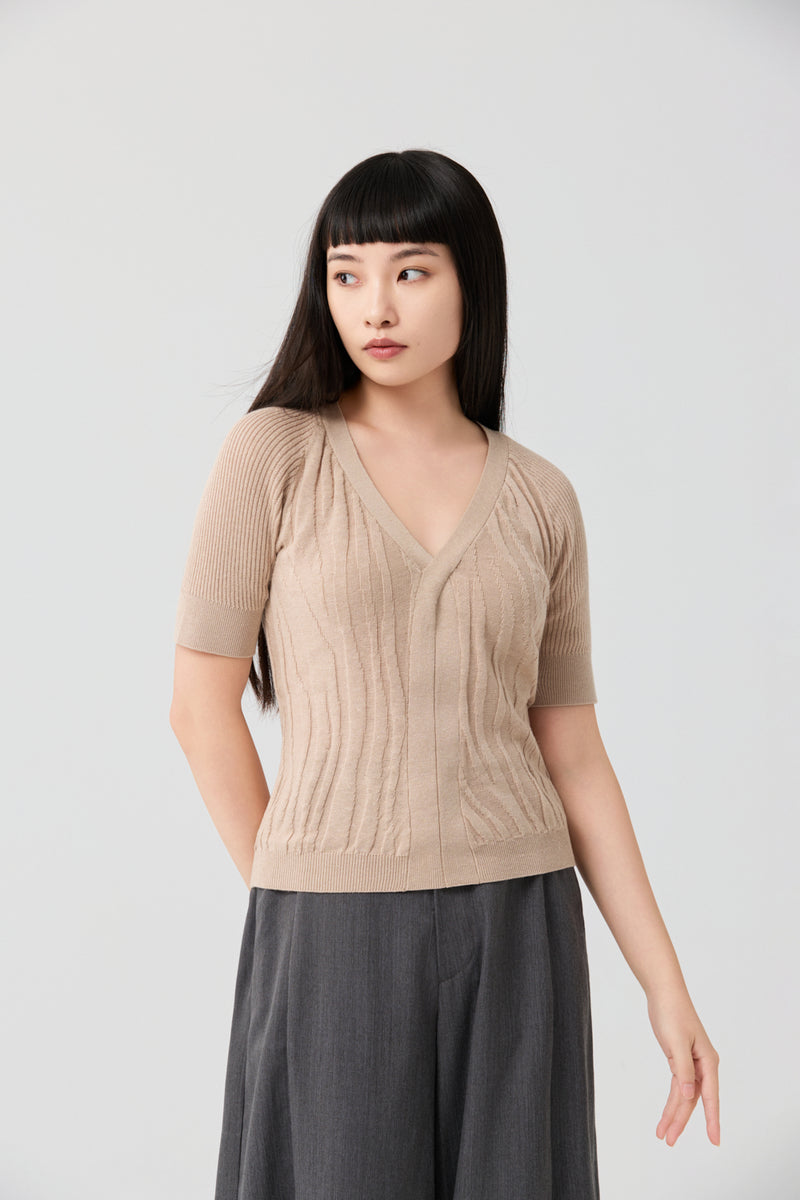 Beige Slim-fit Pineapple leaves fiber knit top