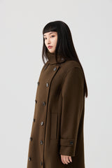 Wool Double-Breasted High-Neck Long Coat