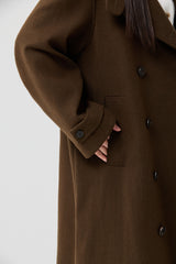 Wool Double-Breasted High-Neck Long Coat