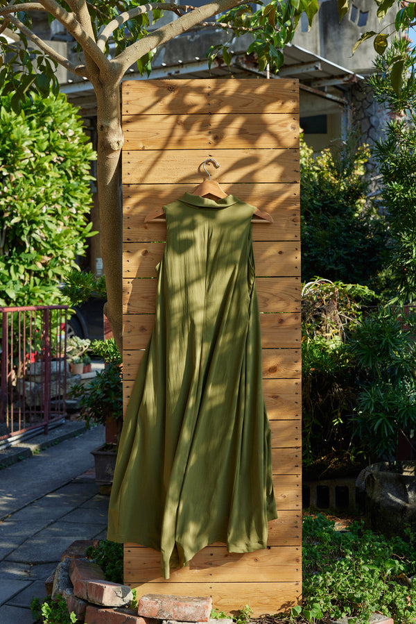 Olive Sleeveless long dress with rectangular V-neck