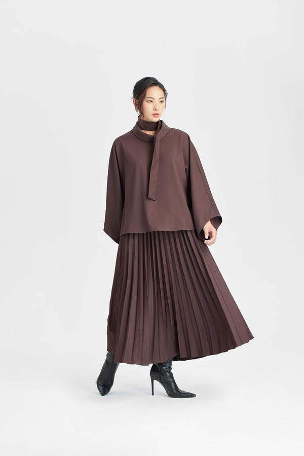 Rosewood colored Scarf top + Pleated skirt with Japanese Obi